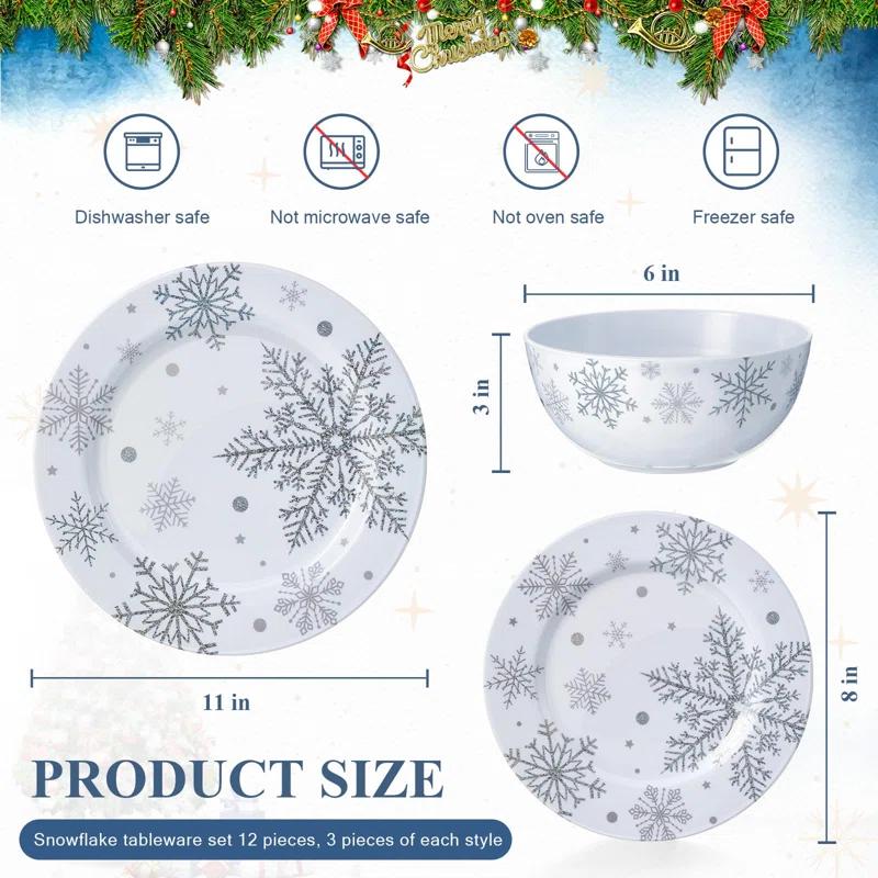The Holiday Aisle® 12 Pcs Christmas Snowflake Melamine Dinnerware Set Plates And Bowls Set Include  Dinner Plates Plates Soup Bowl,Service For 4 For Christmas Winter Party Supplies