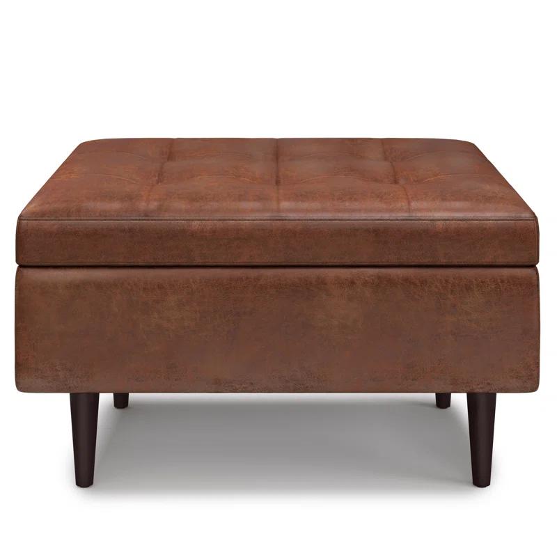 Simpli Home Shay 34"W Upholstered Coffee Table Storage Ottoman with Lift Top and Tufted Detailing