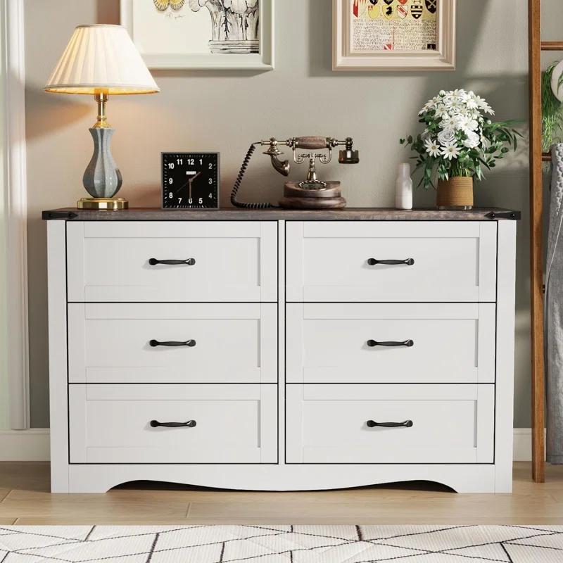 Coulten 6 Drawer 46.4" W Farmhouse 6 Drawers Double Dresser for Bedroom, Modern White Dresser Chest of Drawers, Wide Dressers Organizer, Accent Storage Cabinet for Closet, Living Room, Hallway