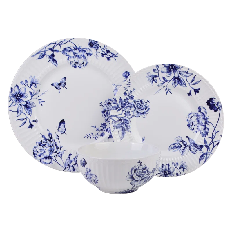 222 Fifth 222 Fifth Cassian Embossed Toile Blue Porcelain Dinnerware Set - Service For 4 (Set of 12)