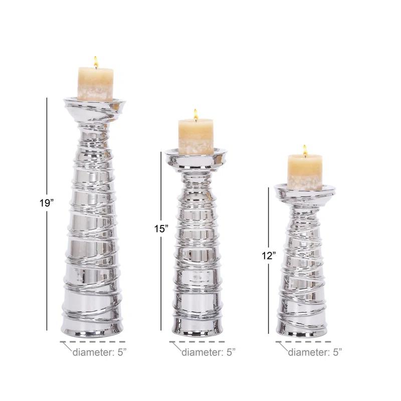 Mercer41 Ceramic Abstract Wrapped Decorative Silver Candle Holder Set