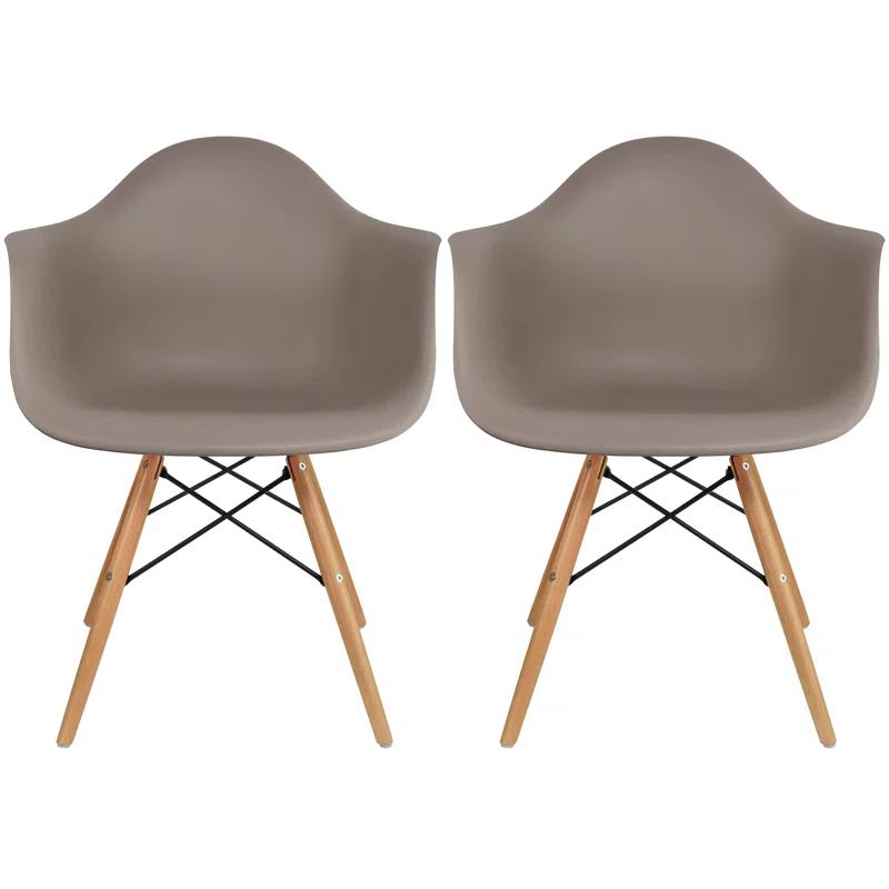 George Oliver Set of 2 Modern Dining Side Chairs from Molded Plastic Armchair Shell with Natural Wooden Legs, Maroon (Set of 2)