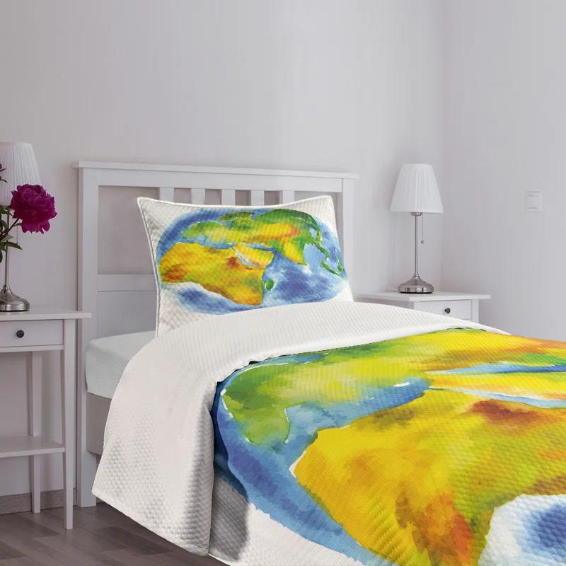 Ambesonne Ambesonne Earth Bedspread Set Globe of Earth Watercolors Pale Blue Green Yellow