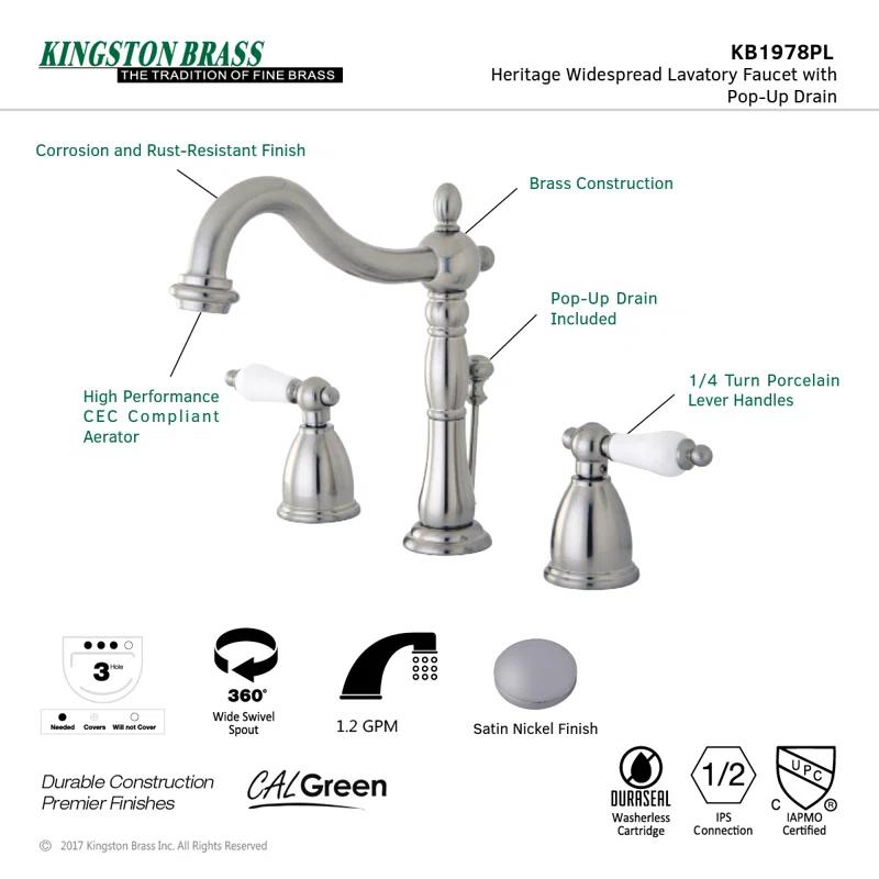 Kingston Brass Heritage Two-Handle 3-Hole Deck Mount Widespread Bathroom Faucet with Pop-Up Drain