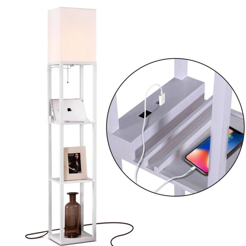 Brightech Maxwell 63 in. 3-Shelf USB-Charging LED Floor Lamp with Fabric Square Shade