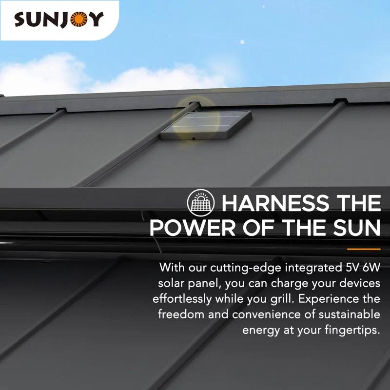 Sunjoy Sunjoy Wooden Grill Gazebo with Solar Power, 8 x 12 ft. Hardtop Gazebo for Year-Round Grilling, Outdoor Cedar Frame Cooking Shelter with Decorative Fence for Backyard BBQs Party