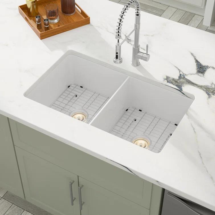 Sarlai 32'' L x 19" W White Ceramic 50/50 Double Basin Drop-In/Undermount Kitchen Sink with Sink Grids S-CSU3219-55