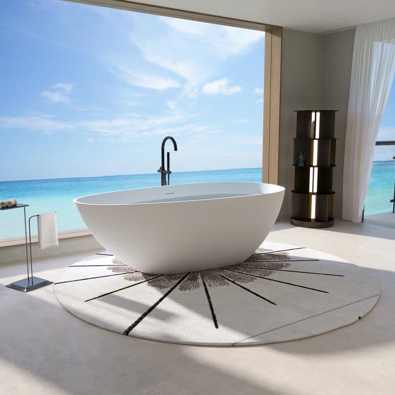 59" x 31" Freestanding Soaking Solid Surface Bathtub Stone Resin Bath Tub with Overflow and Pop-up Drain, Glossy/Matte White