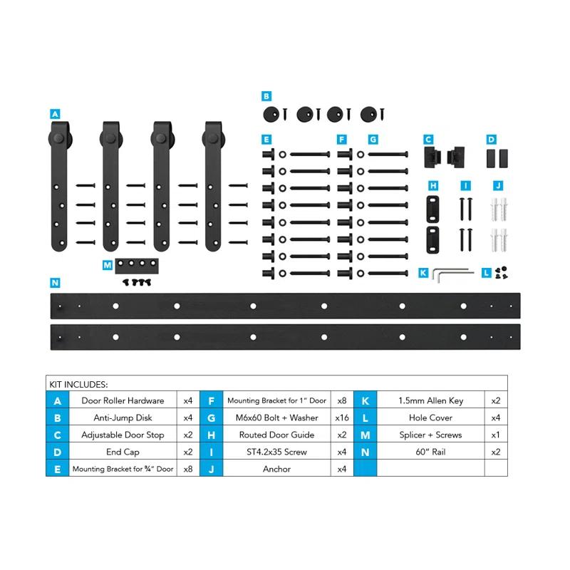 American Pro Decor 8 ft Solid Steel Mini Sliding Rolling Barn Door Hardware Kit for Double Wood Doors (2-Piece)