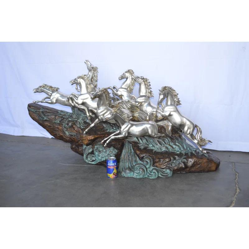 Nifao Statues Eight Horses Running Bronze Statue Silver Finish -  Size: 59"L X 20"W X 28"H.