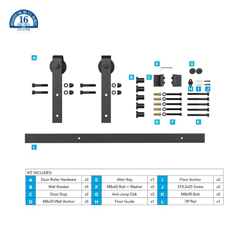 Steel Sliding Rolling Barn Door Hardware Kit for Single Wood Doors with Routed Floor Guide