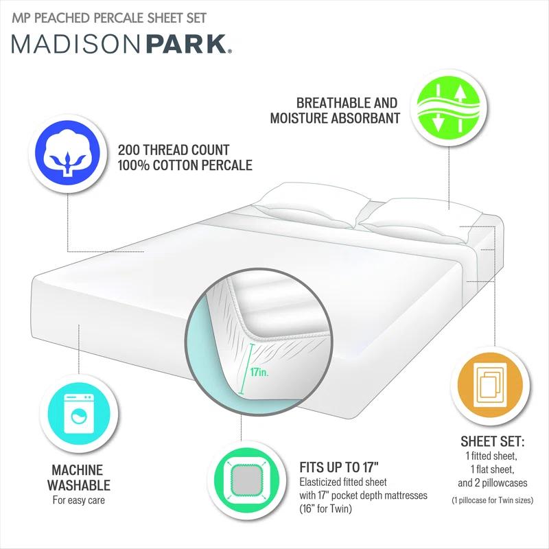 Madison Park Peached Percale 200 Thread Count Relaxed Cotton Percale Sheet Set