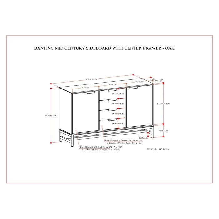 Simpli Home Banting 60"W Solid Wood Industrial 2-Door Sideboard Buffet with 4 Center Drawers