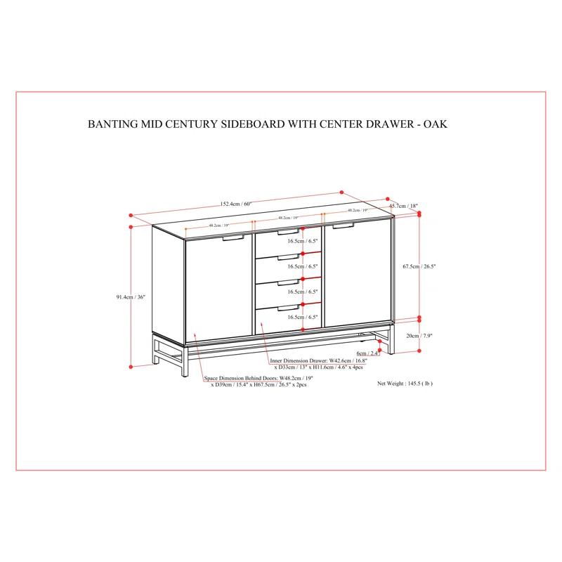 Simpli Home Banting 60"W Solid Wood Industrial 2-Door Sideboard Buffet with 4 Center Drawers