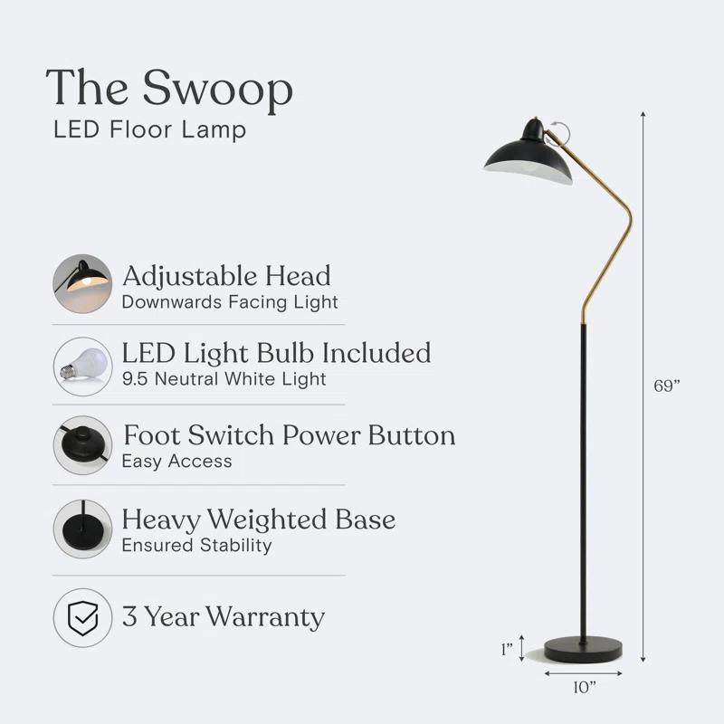 Brightech Swoop 69 in. Mid Century Modern Adjustable Curved Black Standing Lamp with Metal Bowl Shade and Gold Finish - LED Bulb Included