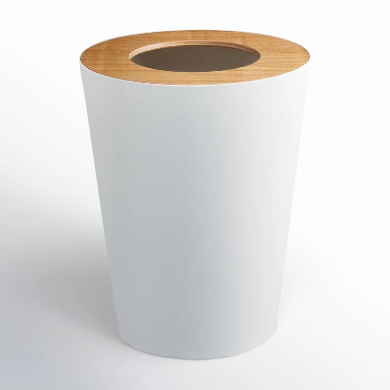 Rin Yamazaki Home Round Trash Can, 1.85 gallon Wastebasket Bathroom Kitchen Office, Steel + Wood