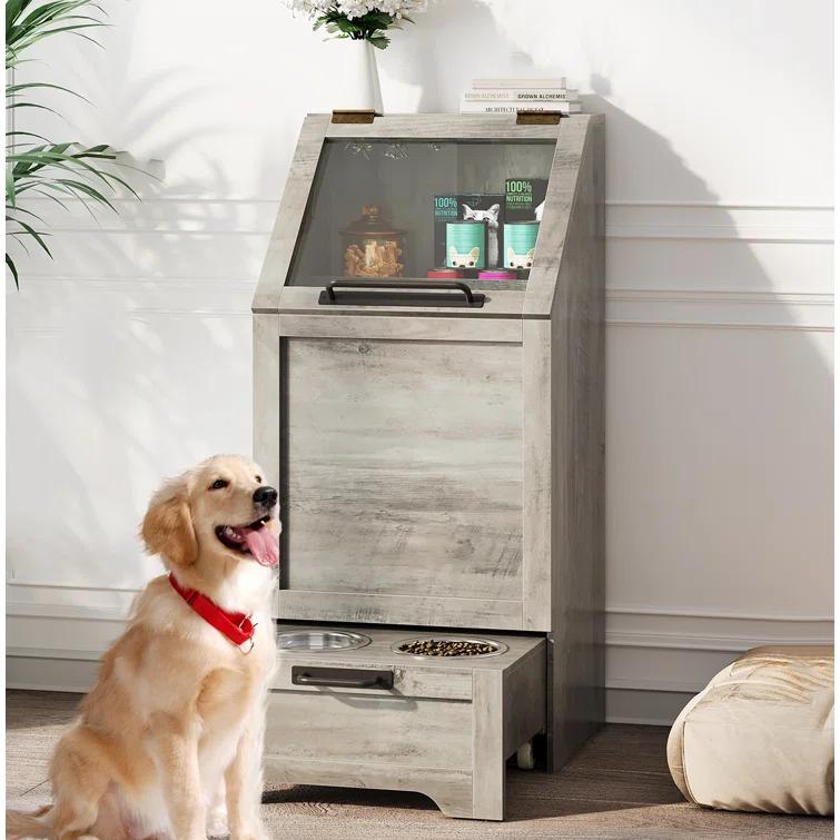 gaomon Dog Feeding Station with Storage Cabinet, 2 Elevated Dog Bowls, Filp Top Dog Food Storage Cabinet Container