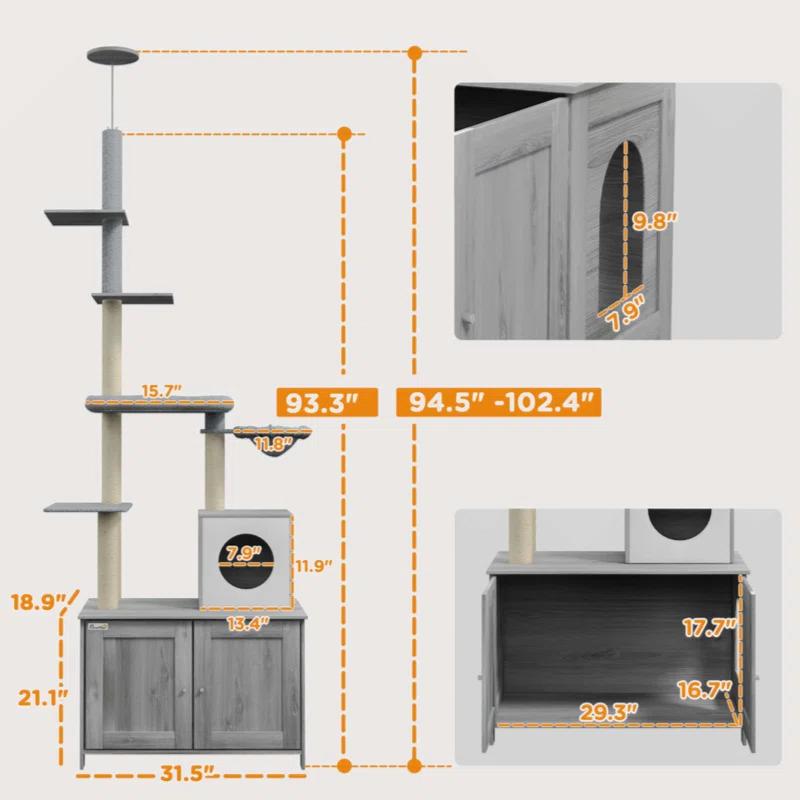 Tucker Murphy Pet™ Cat Tree With Litter Box Enclosure, 2 In 1 Floor To Ceiling Cat Tower Litter Box Furniture With Condo, Bed, Hammock, Scratching Posts, And Platforms For Indoor Use