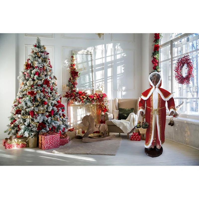 African American Dancing Mrs. Claus with Hooded Cloak and Basket Figurine