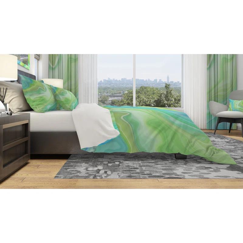 Design Art Marbled Colors in Shades of Green and Blue - Modern Abstract Duvet Cover Set - Microfiber Polyester