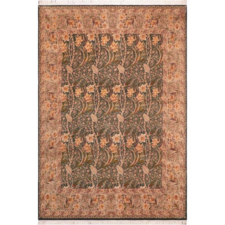 Isabelline Ozmar Oriental Handmade Hand-Knotted Rectangle 8'2" x 10'4" Wool Area Rug in Green/Beige