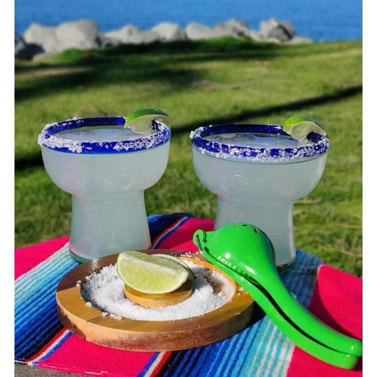 Longshore Tides Mexican Hand Blown Glass - Hand Blown Stemless Blue Rim Margarita Glasses (14oz) & Reviews | Wayfair