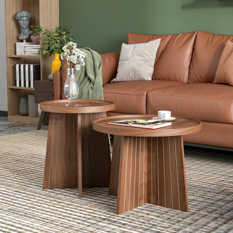 Gracie Oaks Round Fluted Nesting Coffee Table, 2 Piece Coffee Table Set For Living Room, Office, Balcony