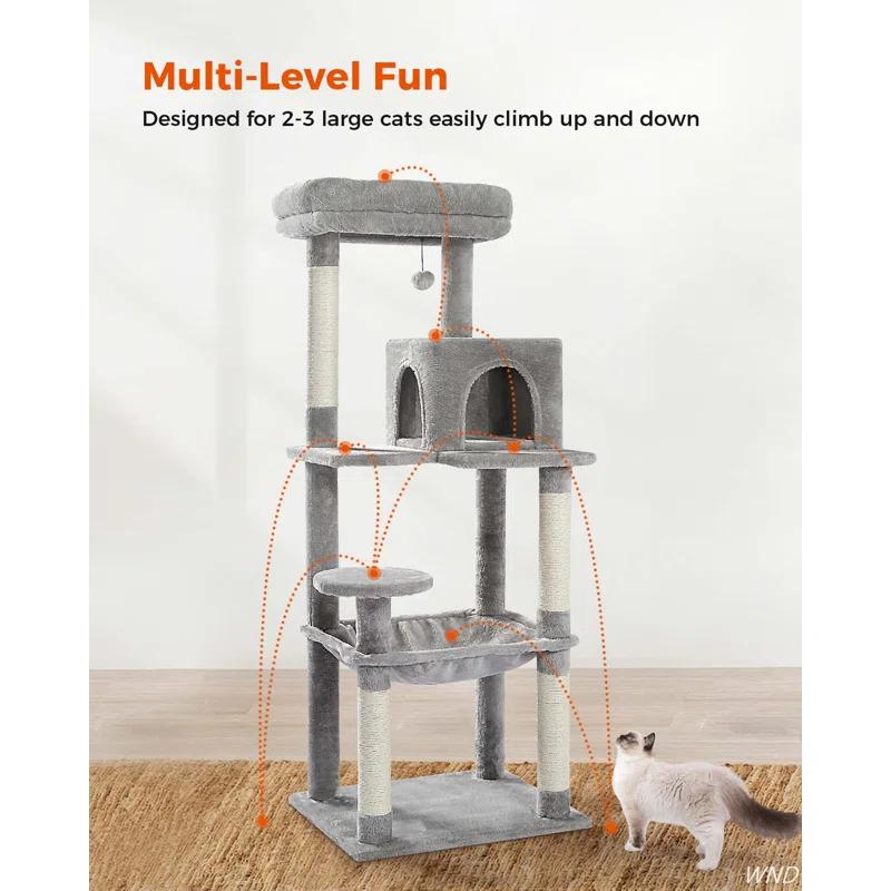56.3" Indoor Multi-Level Tall Cat Tower With Large Hammock, Scratching Posts, Cozy Condo And Top Perch