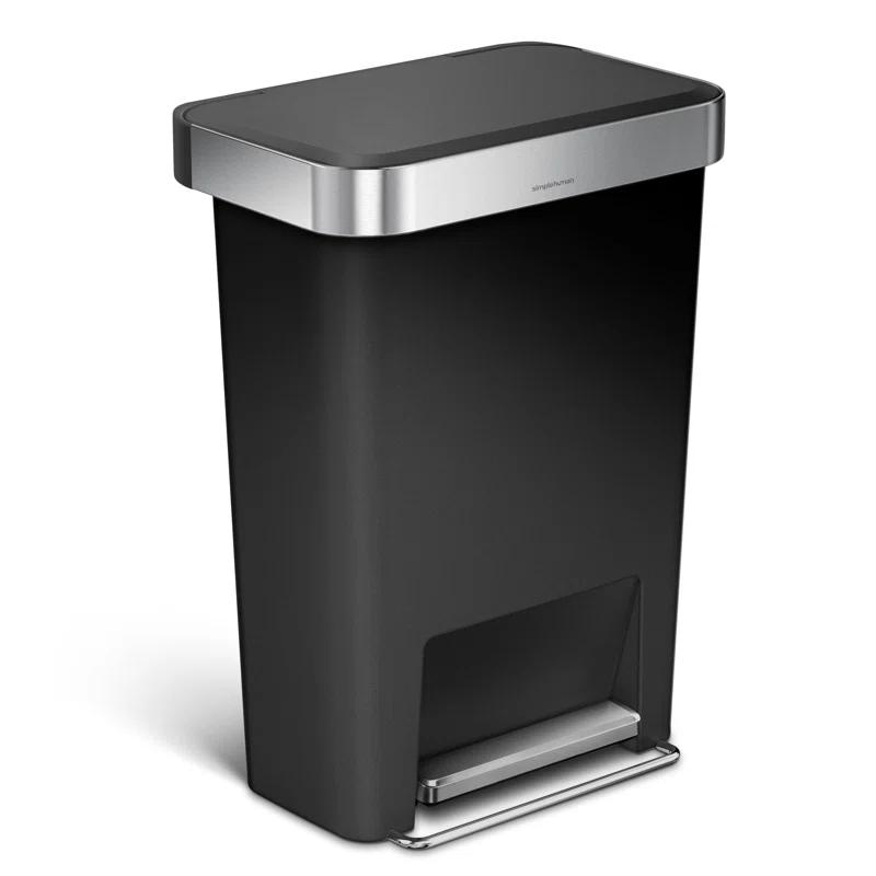 Simplehuman 45 Liter Rectangular Kitchen Trash Can with Liner Pocket, Black Plastic