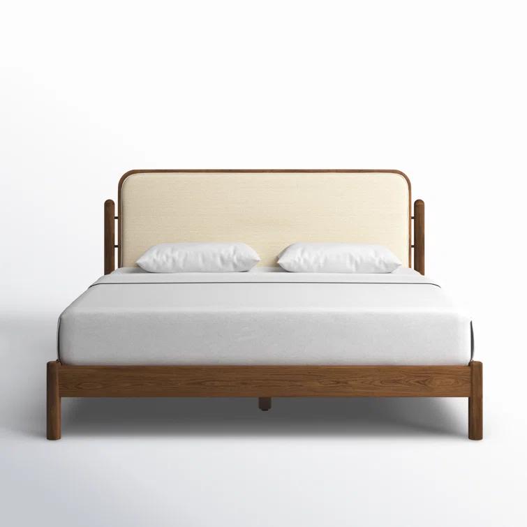 King Oak Upholstered Bed with Ivory Headboard and Drawer
