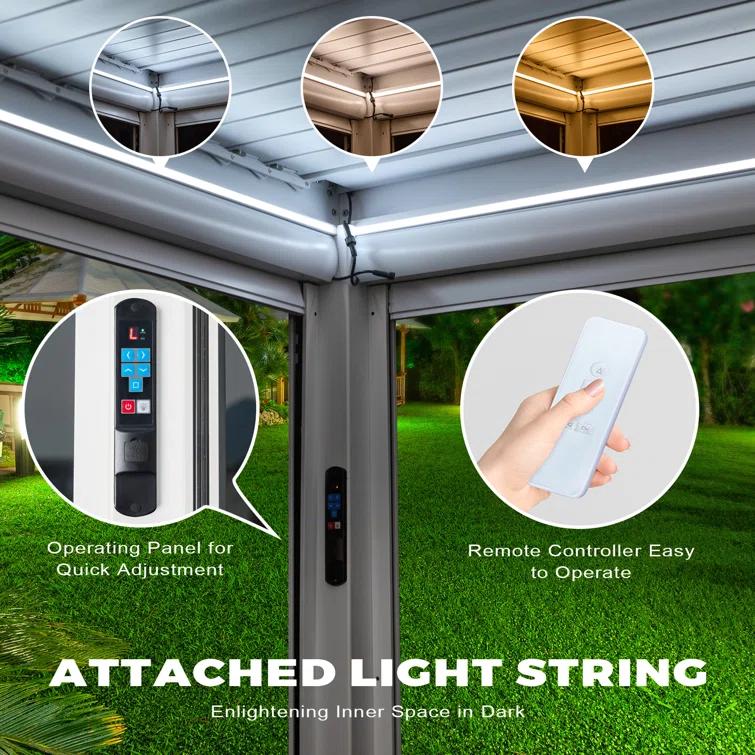 EROMMY 10 Ft. W x 20 Ft. D Aluminum Pergola with Canopy, with LED lights and Motorized Curtains