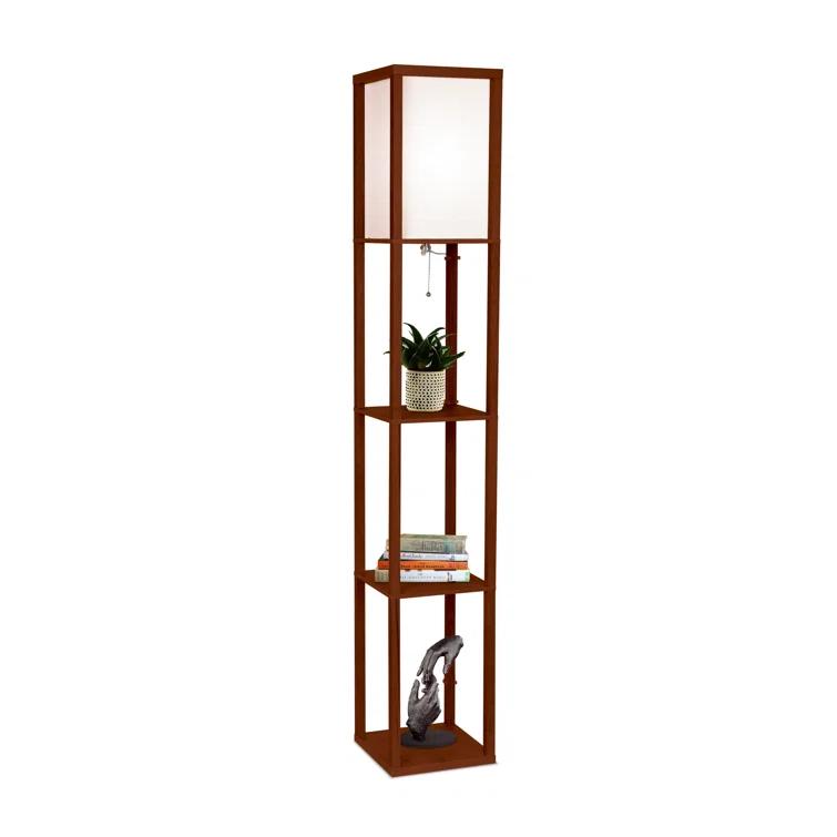 Brightech Maxwell 63" Modern LED Shelf Floor Lamp with Walnut Brown Finish, 3 Tiers, and Fabric Square Shade, Bulb Included