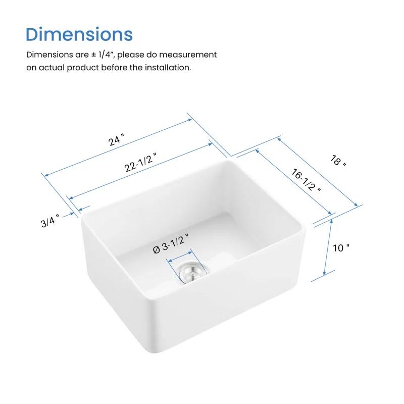 KIBI K2-SF24 Pure 24" W Single Bowl Fireclay Farmhouse Kitchen Sink