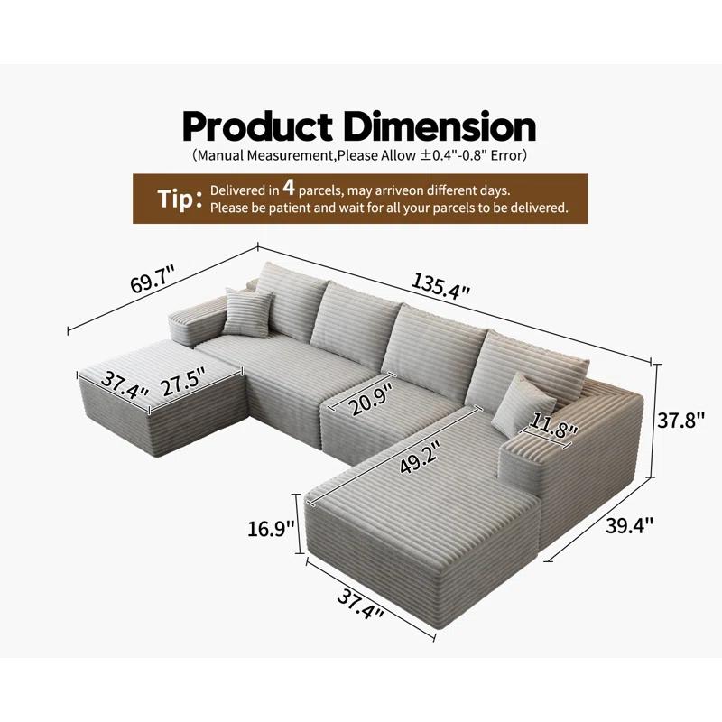 Mercer41 135.4"Cloud Modular Sectional Couch with 1 Ottoman,Modern Minimalist Upholstered Couches, Comfort U Shaped Sofa for Living Room,Deep Seat Corner Couch,No Assembly Required