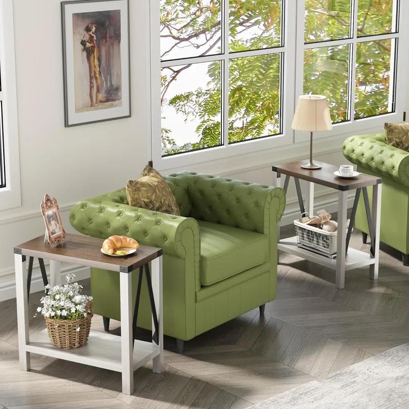 Gracie Oaks Farmhouse End Table For Small Spaces, Narrow Side End Table With Storage Shelf, Rustic A-Design Nightstand Sofa Table For Living Room, Bedroom 2 Pack