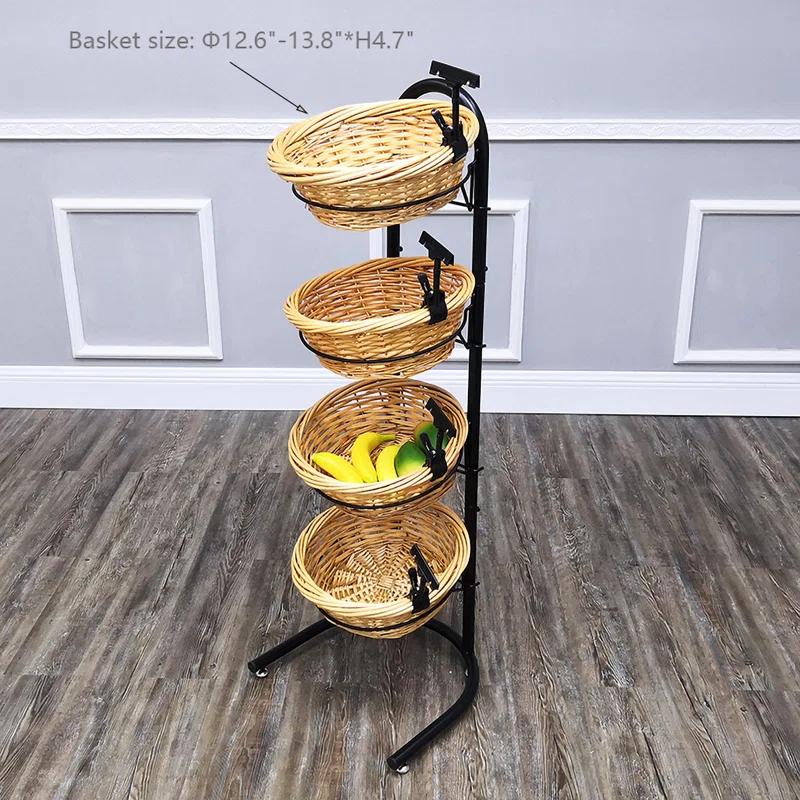 FixtureDisplays 4 Tier Basket Stand, Sign Clips, Wicker Grocery Store Rack Display, Market Basket Rack Kitchen