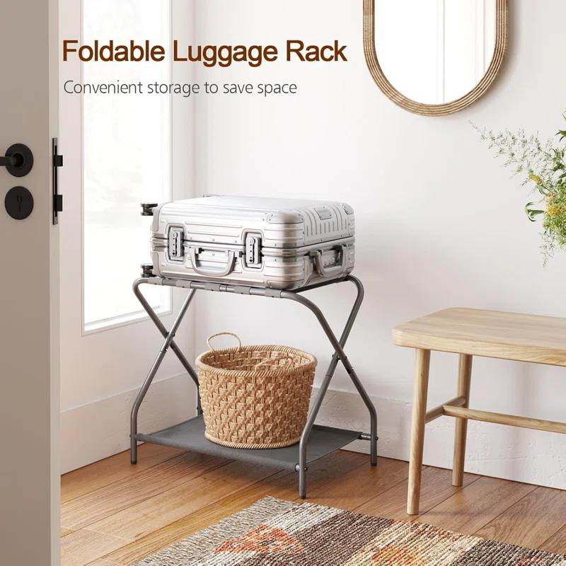 MEBROT Set Of 2, Foldable Suitcase Stands For Guest Room, Metal Luggage Holder With Storage Shelf For Bedroom, Hotel, Easy Assemble