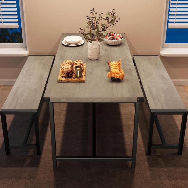 Dining Table Set For 4, Kitchen Table With 2 Metal Wood Benches