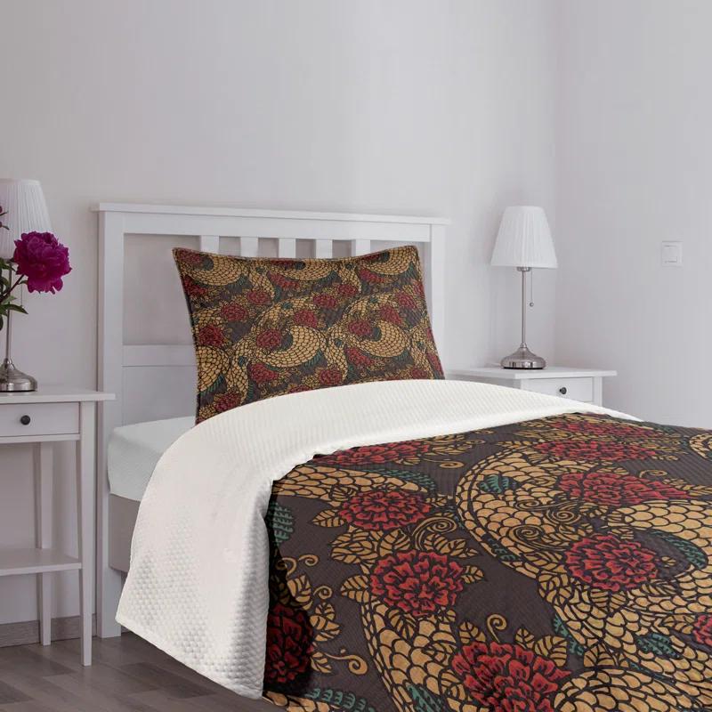 Ambesonne Ambesonne East Bedspread Set Traditional Roses Dragon Jade Green Sand Brown