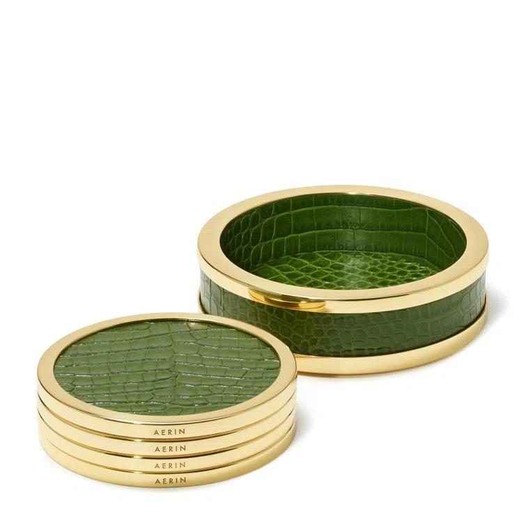 AERIN Leather Round 4 Piece Coaster Set