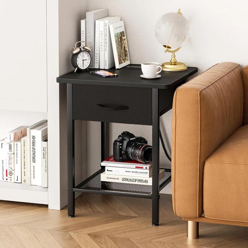 17 Stories Nightstands Set Of 2 With Charging Station And Fabric Storage Drawer,16.5" X 15.8" Side Table With Storage For Bedroom, Bedside Tables With Steel Fram