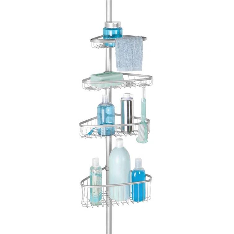 iDESIGN Steel 4 Tier Tension Pole Corner Shower Caddy York Collection Silver