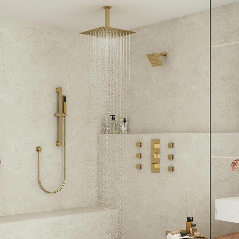 CASAINC Rainfall Symphony 16inch Dual Shower Head Rainfall Thermostatic Shower System with 16-inch Slide Bar and Body spray KCHS0019-16BG