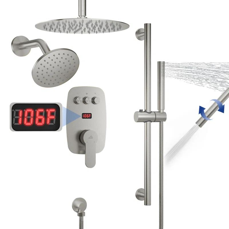 CASAINC BR01008SX12BN Rainfall Symphony 12inch Dual Showerhead Temperature Display Shower System with 2 in 1 Slider Bar Shower Handheld