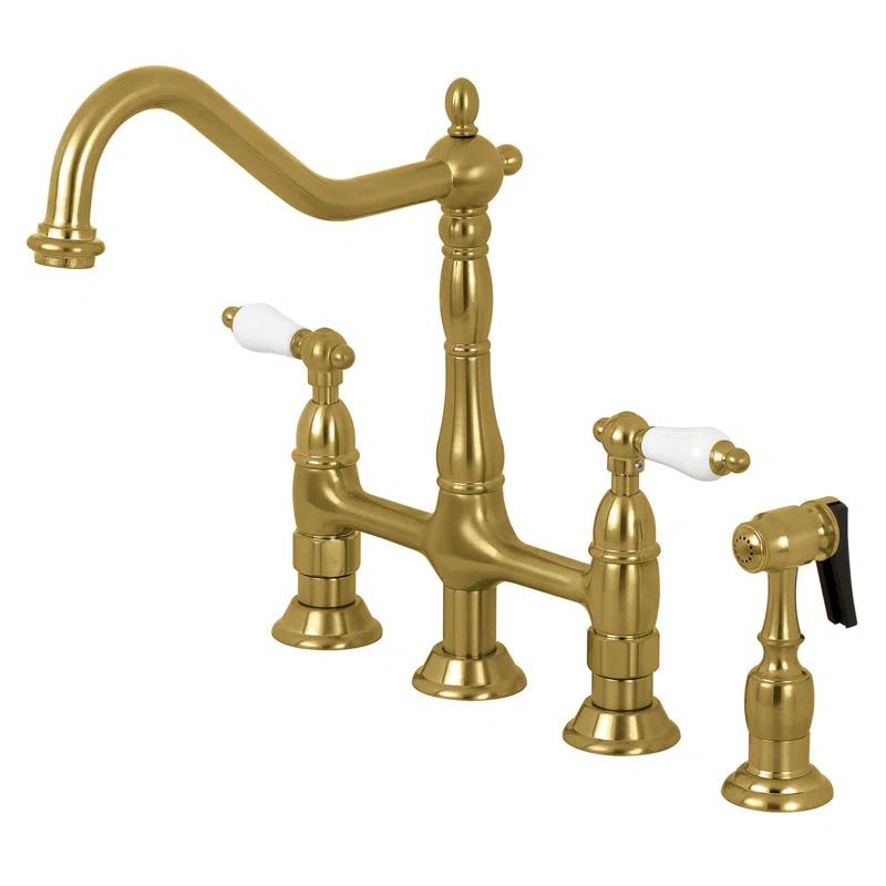 Kingston Brass Heritage Two-Handle 4-Hole Deck Mount Bridge Kitchen Faucet with Brass Side Sprayer