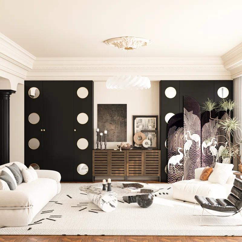 HOMEIBRO Farmhouse 61 in. W Sideboard Buffet Accent Storage Cabinet with Strip Skeleton Door and Adjustable shelves(set of 2)