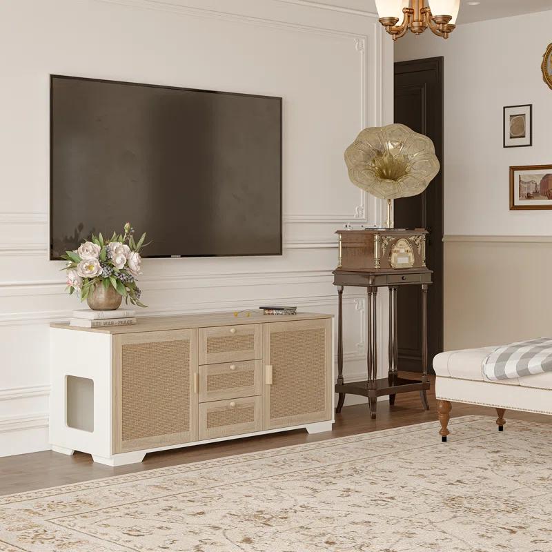 Tucker Murphy Pet™ Cat Litter Box Enclosure Indoor Wood Cat Furniture Cabinet With Scratching Pad Doors And 3 Drawer, 55”X20”X24”H