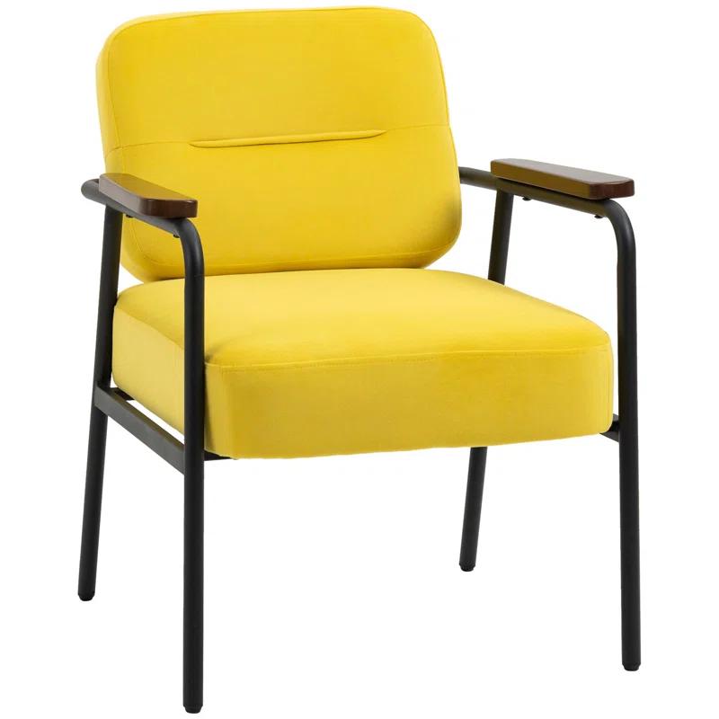 Everly Quinn Modern Accent Chair with Cushioned Seat and Back, Upholstered Velvet Armchair for Bedroom, Living Room Chair with Arms and Steel Legs, Yellow