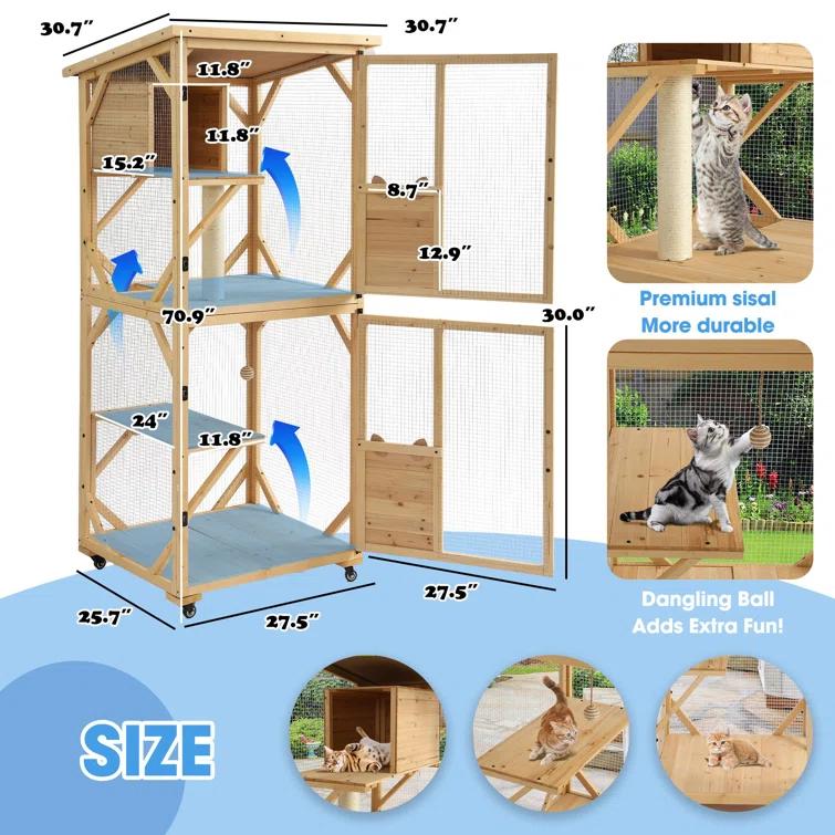 Tucker Murphy Pet™ Hallvard Outdoor Cat Enclosure with Scratcher - 4-Tier Large Indoor Wooden Window Catio Cat House W/Asphalt Waterproof Roof