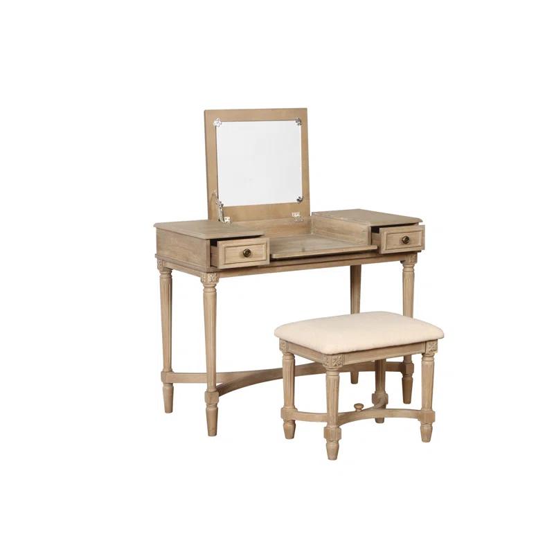Kelly Clarkson Home June Natural Two Drawer Flip Top Vanity Set with Stool
